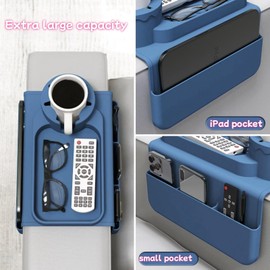 ROSSRORE Anti-Slip Couch Armrest Tray & Cup Holder, Sofa Armrest Organizer with 4 Pockets for Magazines, Tablets, Phones, iPads, Coffee Cups Blue