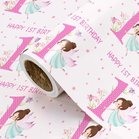 WRAPAHOLIC Girls 1st Birthday Wrapping Paper Roll - Mini Roll - 17 Inch x 16.5 Feet - Girl Fairy Happy 1st Birthday Design Perfect for Kids Girls Birthday, Baby Shower, Party
