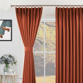 MUMFAS Burnt Orange Pinch Plea Curtaint 72" W x 96" L Solid Thermal Insulated 95% Blackout Patio Door Curtain Panel Drape for Traverse Rod and Track with Tieback, Rust Color (One Panel)