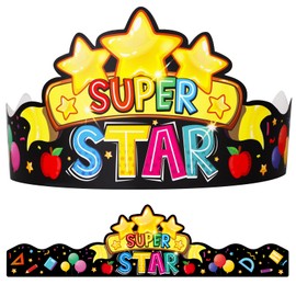 SIOHOME 24pcs Super Star Crowns for School Students 14 x 3.5" The Crowns of Star Students Classroom Super Star Party Paper Hats Star of The Week Crowns Classroom Rewards