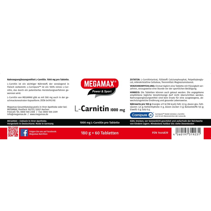 L-Carnitine 1,000 mg 60 Pieces PZN 01444839