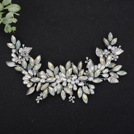 Teyglen Opal Rhinestone Wedding Headband Bridal Crystal Pearl Headband Hair Vine Silver Leaf Flower Headpiece for Bride Hair Accessories for Women Girls (Silver)