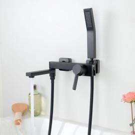 PHASAT Wall Mount Tub Faucet with Hand Shower, 6 Inch Center Single Handle Bathtub Faucet Set With Folding Spout,Tub Filler With Handheld Sprayer,Matte Black,PU5H05