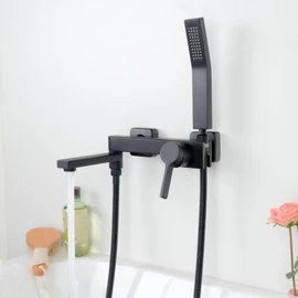 PHASAT Wall Mount Tub Faucet with Hand Shower, 6 Inch Center Single Handle Bathtub Faucet Set With Folding Spout,Tub Filler With Handheld Sprayer,Matte Black,PU5H05