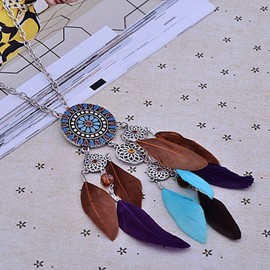 LUREME Women's Bohemian Enamel Dream Catcher Colorful Long Feathers Pendants Dangle Earrings (er006101) (Necklace)