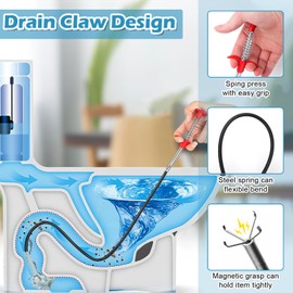 11in1 Drain Snake Set with 24 inch Magnetic Sewer Cleaning Hook, 25 Inch Sink Snake Drain Tool, 34 inch Steel Snake Drain, 59 Inch Tube Drain Brush, 18inch Cleaning Brush for Toilet, Kitchen Sink