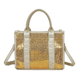 LeahWard Ladies Small Tote Bag, Embossed Text Design, Detachable Shoulder Strap (Gold Seq)