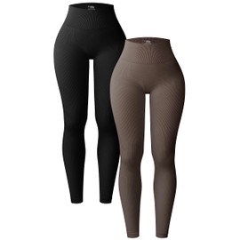 OQQ Women's 2 Piece Yoga Leggings Ribbed Seamless Workout High Waist Athletic Pants Black Tea Leaf