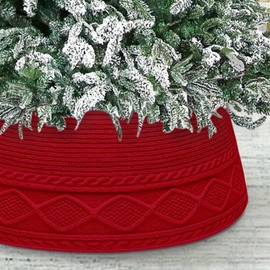 Malier Christmas Tree Collar, 30 inch Knit Red Xmas Tree Collar, Christmas Tree Collars for Atificial Trees, Tree Stand Base Cover, Farmhouse Christmas Tree Ring Skirt for for 7.5 ft 9 ft 12 ft Tree