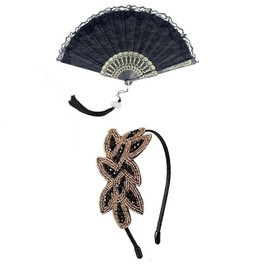 GOESUP Women 1920s Flapper Set with Rhinestone Headpiece Hairband and Hand Fan with Tassel for Vintage Wedding Costume Accessories (Black)
