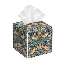 BLYKVGHQ Strawberry Thief Tissue Box Cover Square, William Morris Tissue Box Holder with Bottom Belt Leather Facial Paper Organizer Dispenser for Bathroom Bedroom Dresser Night Stand Tabletop