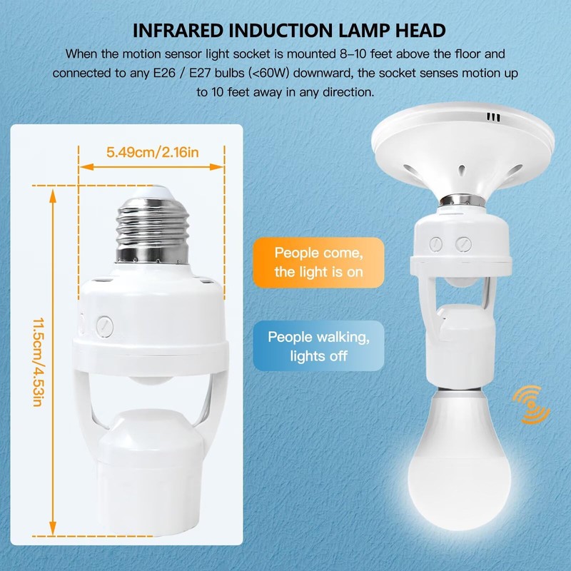 HaeKap Motion Sensor Light Socket Adapter for E26/E27 Bulbs -