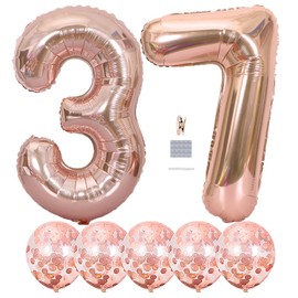 Rose Gold 37 Birthday Decorations - 40 Inch Number Foil Balloons Latex Confetti Balloons for 37th Birthday Party Decoration Wedding Anniversary Photos Props Supplies