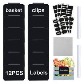 Basket Labels Clip Set - 12 Removable PVC Bin Label Holders with 2 Chalk Markers - Kitchen Clip Labels for Storage Baskets, Boxes, and Containers