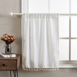 RoomTalks White Boho Farmhouse Kitchen Curtains 36 Inch Length French Striped Modern Vintage Chic Textured Tassel Short Cafe Curtains for Small Window Kitchen Bathroom Bohemian Decor