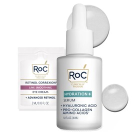 RoC Hidratación+ Suero de Ácido Hialurónico para la Cara, Hidratante, Relleno, Sin Fragancia, Fórmula Ligera con Proteínas de Colágeno (1 Onza) con Paquete de Crema de Ojos de Retinol