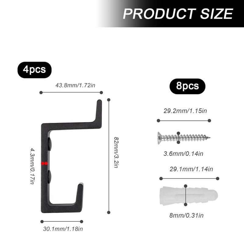 PARFCO Acoustic Panel Hooks, Pack of 4 Coat Hooks, Black,
