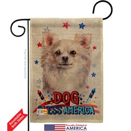 Patriotic White Chihuahua Burlap Garden Flag Set with Stand Animals Dog Puppy Spoiled Paw Canine Fur Pet Nature Farm Animal Creature Small Gift Yard House Banner Double-Sided Made In USA 13 X 18.5