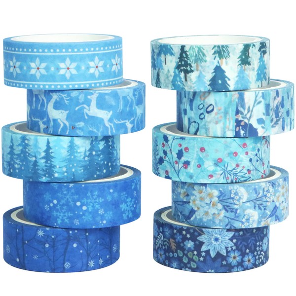 YUBBAEX 10 Rolls Four Seasons Masking Tape Set Winter Snowflake Blue Snowflake Washi Tape Art DIY Craft Valet Journal Supplies Planner Scrapbooking Card (Winter Beauty)