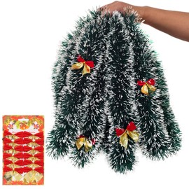 AMLOOPH Green Tinsel Christmas Decorations, 10m Thick Christmas Tinsel Garland For Christmas Tree Decorations, Metallic Green and White-Edged Christmas Tinsel And Bows For Stairs Xmas Tree Decorations