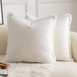MANDIOO Set of 2 Neutral Cotton Fringe Throw Pillow Covers Decorative Boho Farmhouse Cushion Covers Cozy Tassels Pillowcase for Couch Sofa Bedroom Living Room Home Decor 26x26 Inch Cream White
