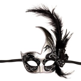 ILOVEMASKS Venetian Masquerade Feather and Lace Party Mask (Silver Black)