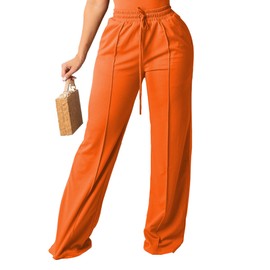 PINSV Women's Casual Wide Leg Pants High Waisted Drawstring Baggy Sweatpants Elastic Straight Leg Trousers Pull On Lounge Pants Orange S
