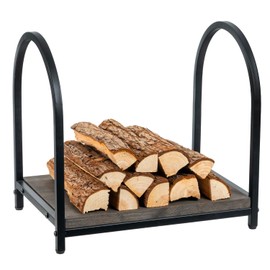 MyGift Modern Firewood Rack with Matte Black Metal Frame and Vintage Weathered Gray Solid Wood Base, Freestanding Fireplace Fire Starter Split Log Holder Stand