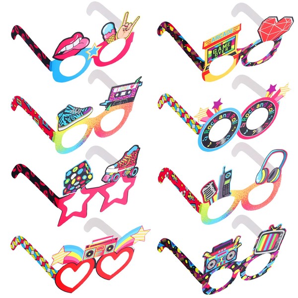24 Pieces 80s 90s Party Decorations Funny Mask Paper Eyeglasses Fancy Costume Glasses Photo Booth Props 1990s Birthday Party Decorations Supplies for Boy Girl Kids Party Favors Gift Bag Filler