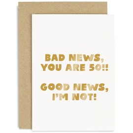 Old English Co. Funny 50th Birthday Card for Her Him - Hilarious Birthday 'Bad News You're 50' - Cute Birthday Card for Colleague, Friend, Family Member, Sister, Mum | Blank Inside with Envelope