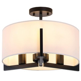 Mecuss 16 inch Semi Flush Mount Ceiling Light: 3-Light Black Modern Light Fixtures Ceiling Mount with Drum Fabric Shade, Close to Ceiling Lamp for Bedroom, Kitchen, Entryway (Bulb Exclude)