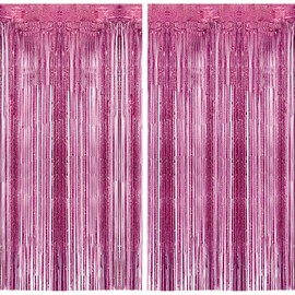 2Pcs Foil Curtain, Pink Foil Curtain Backdrop Tinsel Foil Fringe Curtain Streamers Tinsel Curtain 3.2 x 8.3ft Glitter Curtain for Birthday School Graduation Bridal Hen Girls Party Decorations