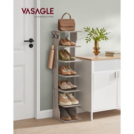 VASAGLE 7-Tier Vertical Shoe Rack, Narrow Shoe Storage Organizer with Hooks, Slim Corner Shoe Tower Rack, Space Saving for Entryway and Bedroom, Heather Greige ULBS200L01