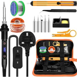 Soldering Iron Kit 80W Ceramic Heating, LCD Adjustable Temperature 180-520°C, 13in1 Welding Tool with Switch Solder Wire, Solder Wick, 5 Soldering Tips, Desoldering Pump, Wire Stripper, Stand, Tweezer