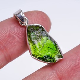 GEMKORA Natural Real Raw Chrome Diopside Crystals Bezel Pendant Necklace, May Birthstone, Healing Rough Gemstone, 925 Sterling Silver Jewelry 18 inch