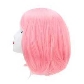 Unbranded Short Pink Bob Wig Headgear Fluffy Short Straight Bob Wig With Bangs For LWNE