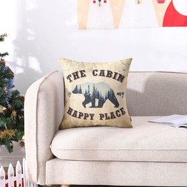 Cabin Pillow Cover 18x18 Inch The Cabin is My Happy Place Decor Decorative Cushion Case for Sofa Couch Bear Forest Decorations Throw Pillowcase CC1858