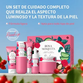 Set Facial BeauBase Rosa Mosqueta 8 Piezas con Limpiador, Tónico, Sérum y Crema, Kit de Cuidado de la Piel con Accesorios y Caja de Regalo para Mujer