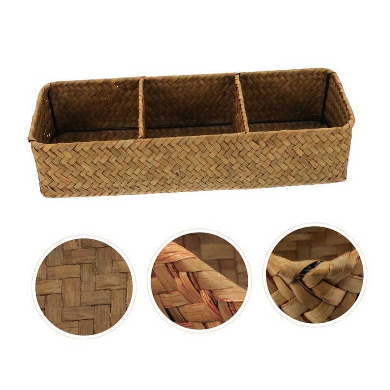 ABOOFAN Natural Seagrass Basket 3 Compartment Storage Box Elegant Desktop