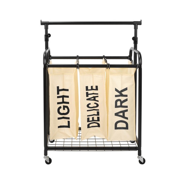 Udorich 3-Bag Rolling Laundry Sorter with Adjustable Hanging Bar, White
