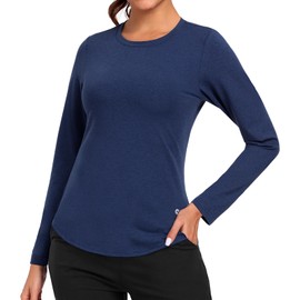 MIER Womens Long Sleeve Workout Tshirts Yoga Athetic Running Tops Crewneck Quick Dry Lightweight Shirts, Heather Navy, L