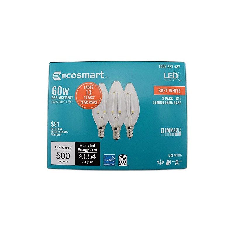 Ecosmart 60W Equivalent Soft White B11 Filament E12 Energy Star