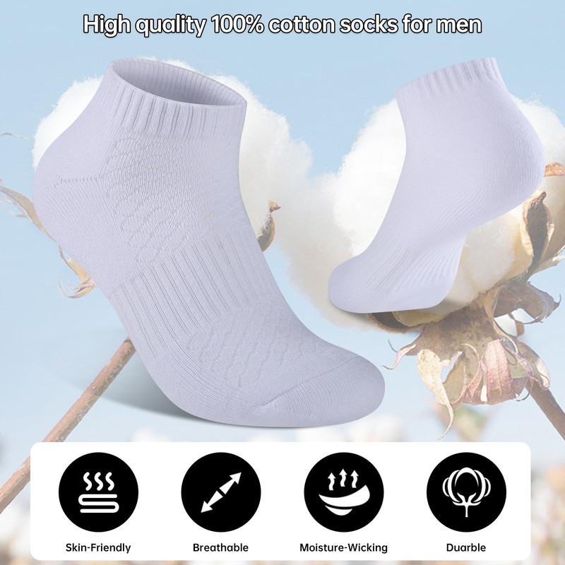 Monxiery Mens 100% Cotton Cushioned Ankel Socks, Athletic Performance Running