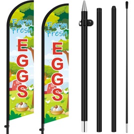 HunnmingRe 2 Sets Farm Fresh Eggs Feather Banner Flag Kit 12ft Advertising Feather Flags with Flag Poles Windless Business Flags Banner Sign for Farm Fresh Eggs Outside Business