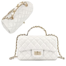 Small Quilted Crossbody Bags for Women, Soft Smooth Leather Shoulder Bags with Gold Chain Strap, Lady Classic Dressy Evening Flap Purse with Metal Top Handle, Luxury Designer Mini Handbag(Ivory White)