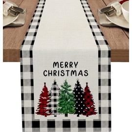 BARTHKIT Christmas Table Runner 90 Inches Long Buffalo Plaid Xmas Trees Merry Xmas Dresser Cover Seasonal Winter Holiday Kitchen Dining Table Decorations for Indoor Outdoor Home Party Decor