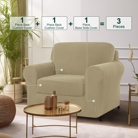 CHUN YI 3 Piece Armchair Cover, Stretch 1 Seater Couch Cover with 1 Separate Backrest and Cushion with Elastic Band, Sofa Slipcover Spandex Jacquard Fabric (Small, Khaki)