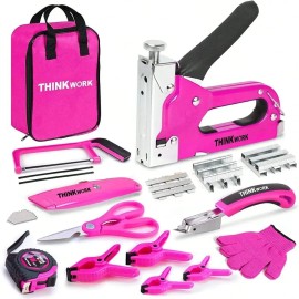 THINKWORK Pink Staple Gun Tool Set 25 Piece Home Tool Kit With 3-In-1 Staple Gun