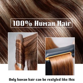 Benehair Clip in Hair Extensions Real Human Hair Bayalage Brown with Blonde Highlights 3/4 Full Head with 5 Clips 1 Piece Hair Clip in for Women with Thinning Hair(#4P27 Medium Brown&Dark Blonde, 18〃)