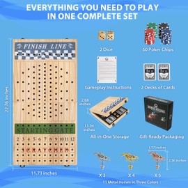 Horse Racing Board Game - 23"x12" - Derby Classic Horse Race Game with 11 Premium Metal Horses - Foldable Wood Horse Game with Dice, 2 Packs of Cards & 60 Poker Chips - Natural Wood